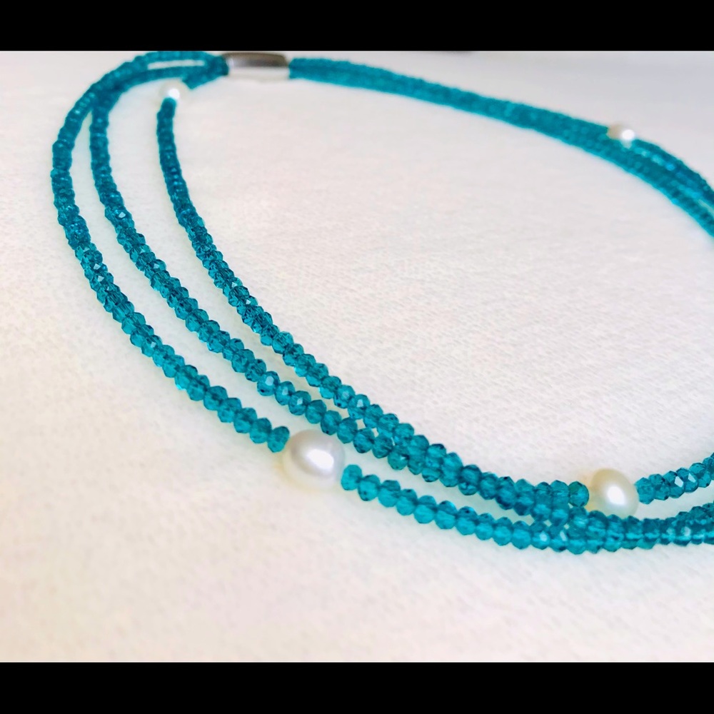Genuine Blue crystal necklace with Cultured pearls